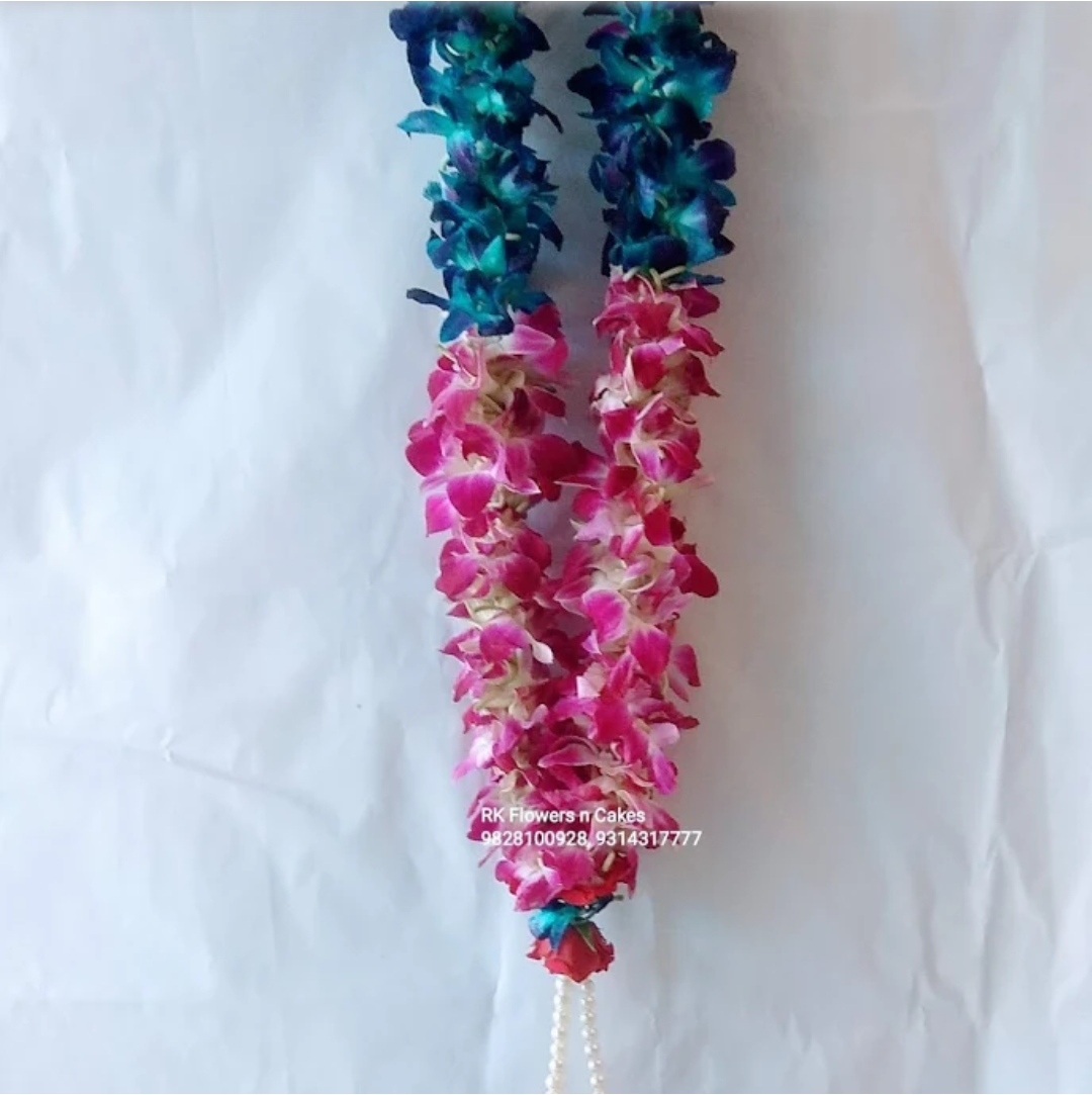 Purple & Blue Orchid With Pink Rose Flowers Mala